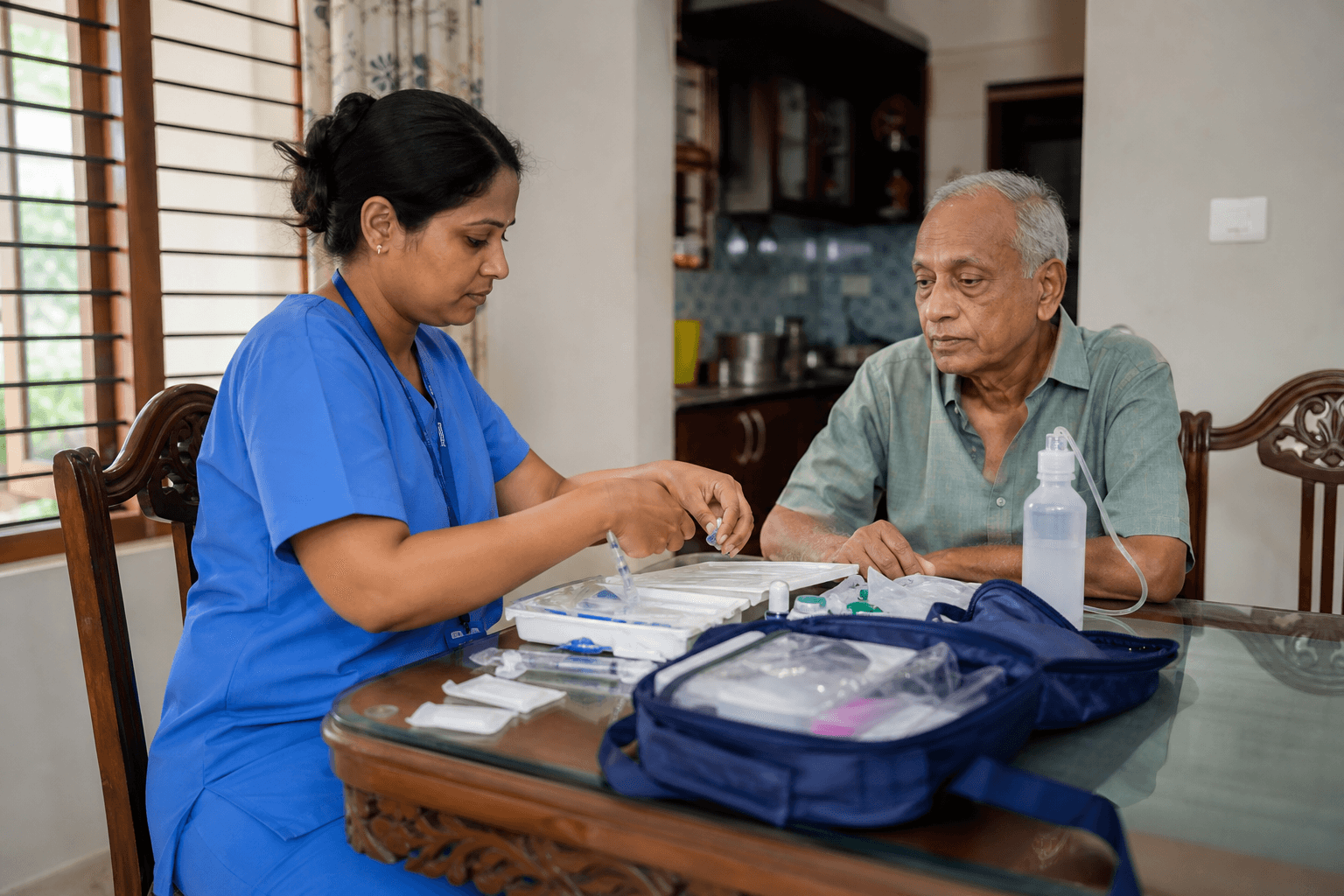 Indian nurse providing professional home nursing care to an elderly patient in Hyderabad