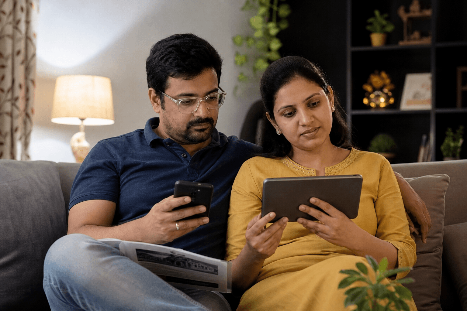 Indian couple reviewing digital health reports on their phone after a home visit
