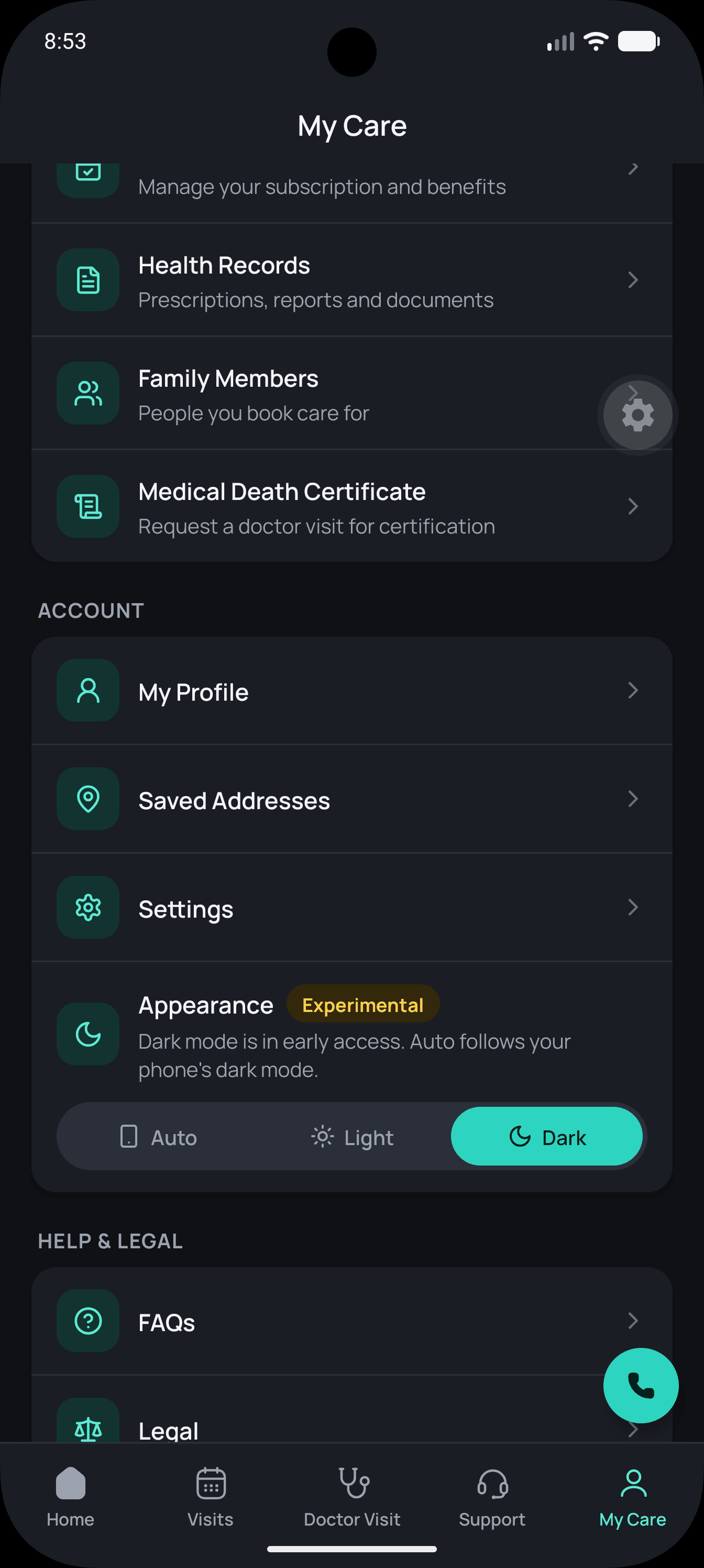 My Care screen showing Settings under Account