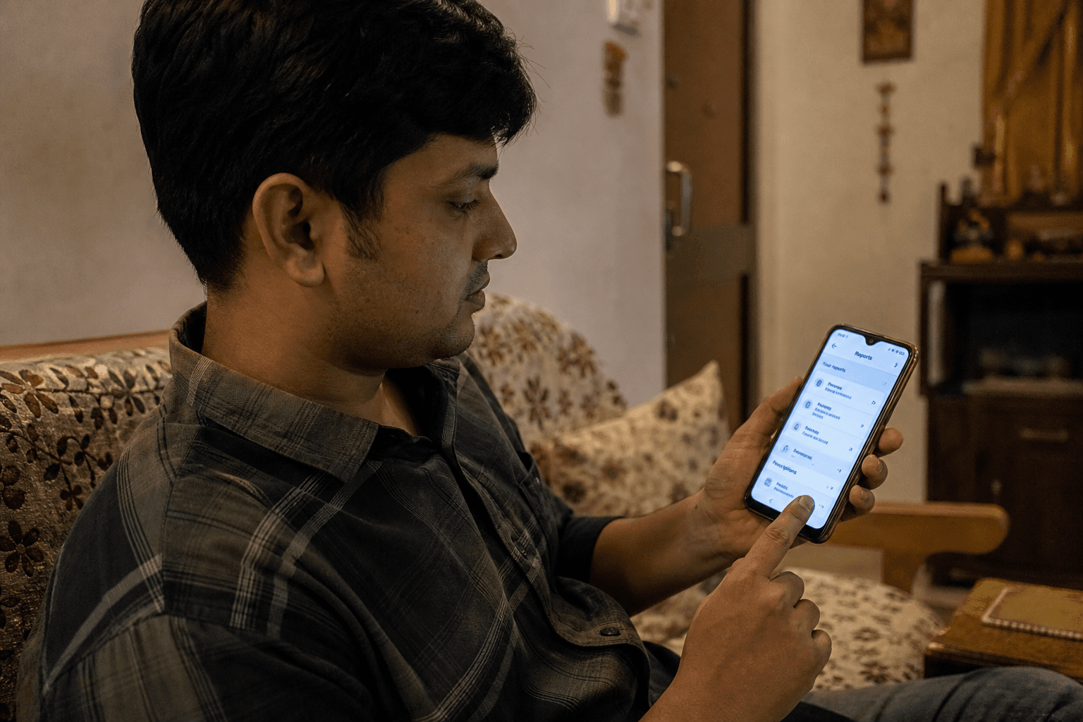 Person viewing digital health records on a mobile app at home in India